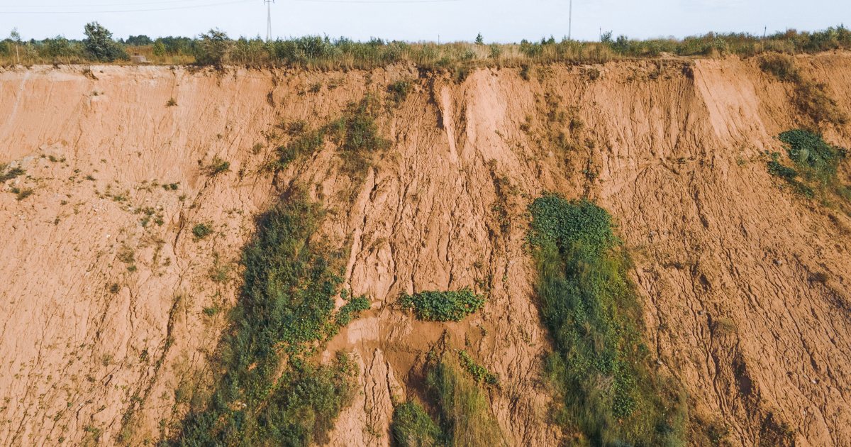 Deep erosion channels carved into bare soil
